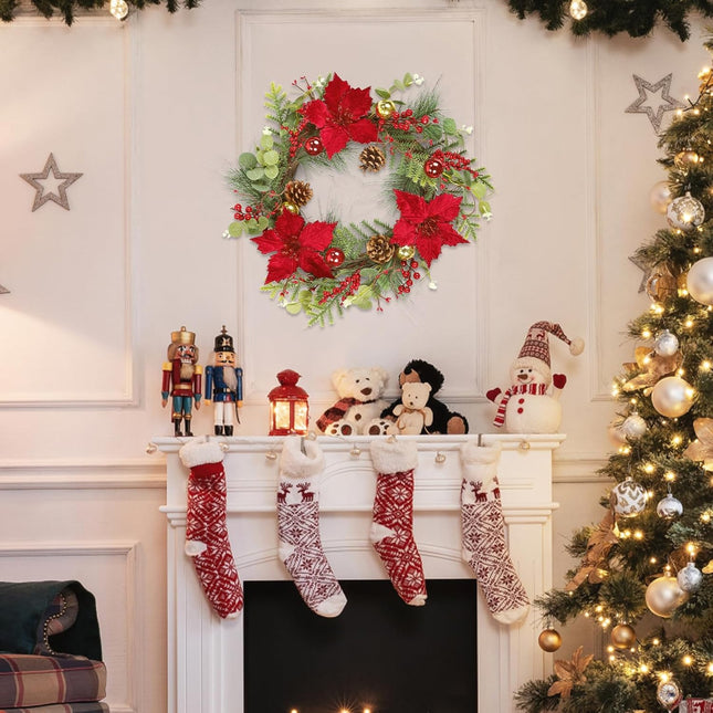 SHACOS 20 inch Artificial Christmas Wreath with Poinsettia Decorated with Green Eucalyptus Pine Cones Red Berries Christmas Balls Pine Needle, Xmas Wreaths for Indoor Outdoor Festival Home Decor