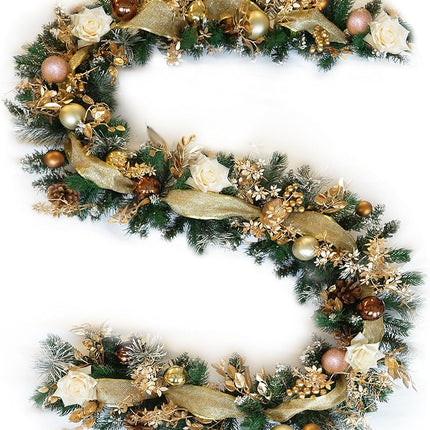 9FT Christmas Garland with Lights (Pre-Lit), Soomeir Artificial Christmas Decorations Decor, Champagne, Pine Cones, Ribbon, 80 Lights with Timer, for Indoor Outdoor Xmas Snow (Gold)