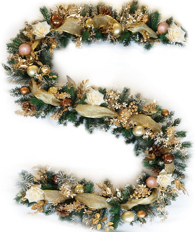 9FT Christmas Garland with Lights (Pre-Lit), Soomeir Artificial Christmas Decorations Decor, Champagne, Pine Cones, Ribbon, 80 Lights with Timer, for Indoor Outdoor Xmas Snow (Gold)