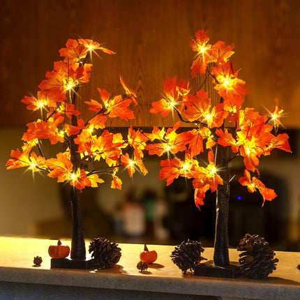 2 Pack Fall Lighted Maple Tree, 48 LED Lights, USB+Battery Operated 24-inch Thanksgiving Table Centerpieces Decoration Artificial Tree Fall Decorations for Office Home Tabletop Indoor Decor Kitchen