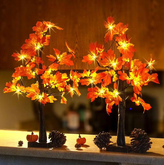 2 Pack Fall Lighted Maple Tree, 48 LED Lights, USB+Battery Operated 24-inch Thanksgiving Table Centerpieces Decoration Artificial Tree Fall Decorations for Office Home Tabletop Indoor Decor Kitchen