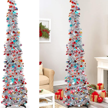Christmas Tree, 5Ft Artificial Christmas Tree Decorations Pencil Xmas Tree for Home Party Office Fireplace Holiday Decorations (Silver)