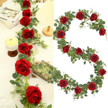 6.56FT Artificial Eucalyptus Garland with 12 Burgundy Roses Faux Greenery Garland Rose Vine for Halloween Christmas Wedding Backdrop Table Runner DIY Wreath Wall Decor