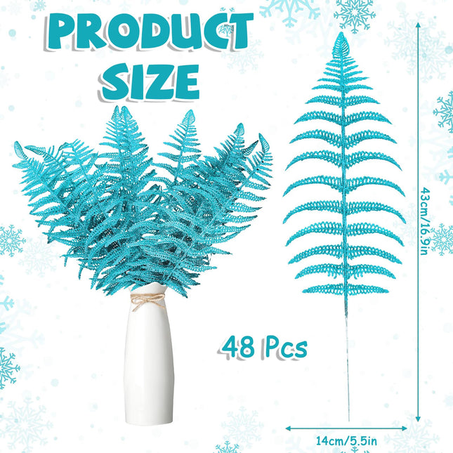 Christmas Glitter Leaves Artificial Tropical Leaf Christmas Tree Sprays Glitter Leaf Garland Flashing Christmas Picks DIY Bouquet Stem Floral Branches for Wedding Xmas Wreath (Peacock Blue,48 Pcs)