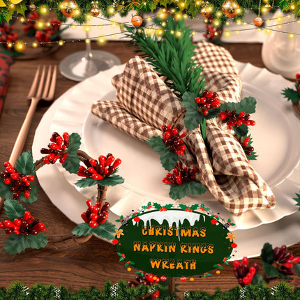 Noverlife 12 Set Christmas Napkin Rings, Artificial Foliage Berry Holiday Napkin Holders, Small Xmas Wreath Napkin Buckle Candle Rings Serviette Holders Banquet Table Decor for Christmas Dinner Party