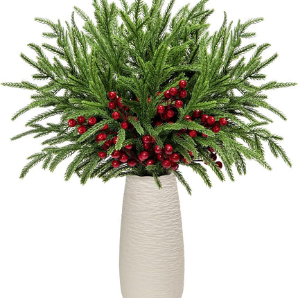 Norfolk Pine Branches Red Berry Stems 17" Artificial Christmas Greenery Picks Fake Pine Needles with Holly Berries for Xmas Tree Filler Decorations Festival Holiday Vase DIY Garland Craft (8, Green)