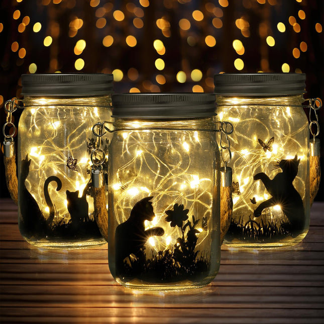 3 Pcs Christmas Solar Lantern Cat Dog Butterfly Solar Fairy Hanging Lanterns Outdoor Yard Lawn Garden Decor Jar Lights for Xmas s Tree Patio Lawn Table(Cat)