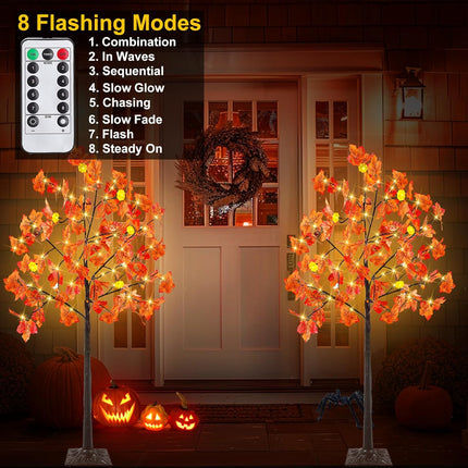 TURNMEON Thanksgiving Decorations 2 Pack 4 Ft Prelit Lighted Fall Maple Tree with Remote Control Timer 3D Patented Pumpkin Lights 96LED Warm Lights 8 Modes Acorns Thanksgiving Decor Indoor Outdoor