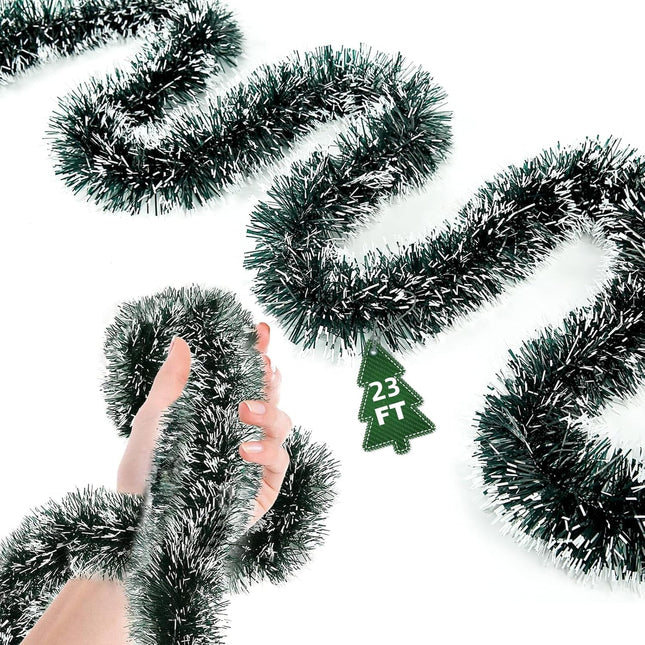 23Ft Christmas Garland - Christmas Tree Tinsel, Christmas Tinsel Decorations for Indoor&Outdoor Home Decor, Christmas Metallic Twist Garland Ceiling Hanging Decorations for Year(Green)