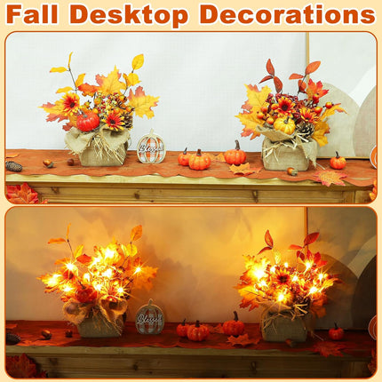 [ 2 Styles & Lighted ] 2 Pack 11 Inch Fall Maple Tree Thanksgiving Decor, Artificial Tabletop Fall Tree with 20 LEDs Battery Powered Fall Leafed Pumpkin Daisy Cones Berry Fall Decorations for Home