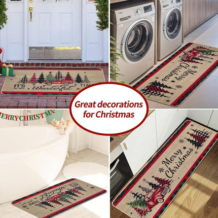 Christmas Kitchen Mats Set of 2, Truck and Tree Plaid Christmas Kitchen Decor Christmas Runner Rug and Mat Set, Low-Profile Kitchen Rugs for Floor(17x29 and 17x47 Inch)
