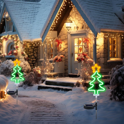 2 Pcs Solar Christmas Garden Stake Lights Waterproof Xmas Tree Solar Landscape Path Lights Neon Christmas Solar Lights for Outside Stakes Xmas Light Yard Stakes for House (Christmas Tree)