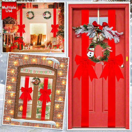 Ysleen 12 Pcs Christmas Cabinet Ribbon Bows and 6 Pcs Christmas Pine Wreath with Snowman Santa Claus Festive Large Xmas Bows Artificial Christmas Front Door Wreath for Christmas Party(Red)