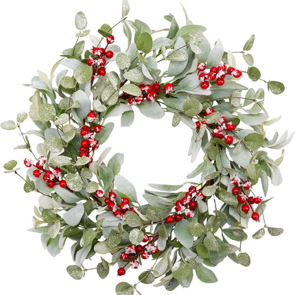 20 Inch Artificial Christmas Wreath Lambs Ear Leaves Door Wreath Winter Wreath with Artificial Snow Red Berries Christmas Decorations for Home Wall Window Decor