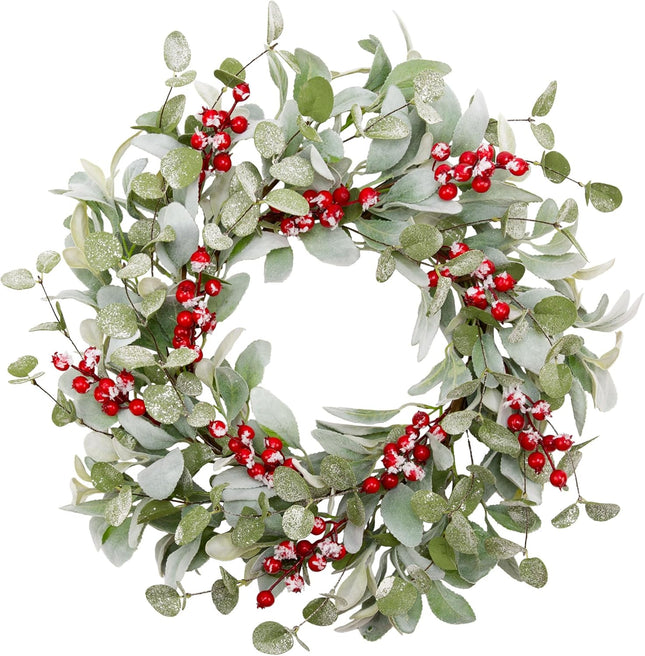 20 Inch Artificial Christmas Wreath Lambs Ear Leaves Door Wreath Winter Wreath with Artificial Snow Red Berries Christmas Decorations for Home Wall Window Decor