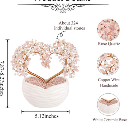 Jovivi Rose Quartz Crystal Heart Money Tree Healing Gemstone Bonsai Tree for Wedding Ceremony Reiki Balancing Energy Meditation Feng Shui Wealth & Good Luck Home Indoor Office Decor 7.87"-8.26"