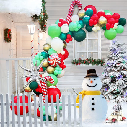Christmas Balloon Garland Arch Kit with Xmas Red Dark Green White Gold Lime Green Balloon Candy Balloon Cane Balloon Silver Siamese Exploding Star Balloon for Christmas Party Decorations