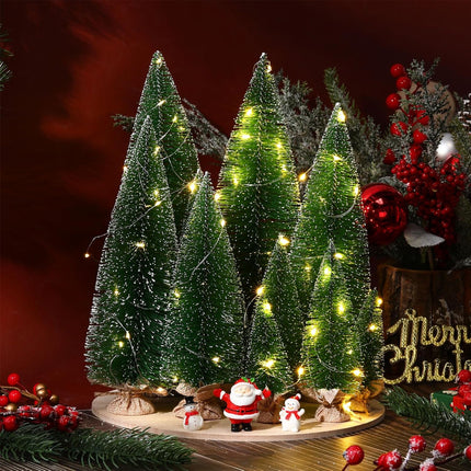 10 Pcs Artificial Mini Christmas Trees 5 Size Bottle Brush Pine Trees Christmas Village Decorations with Santa Snowmen Ornament and LED Light String for DIY Craft Tabletop Desk Display