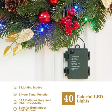 18 Inch Christmas Wreaths for Front Door, Lighted Outdoor Christmas Wreath with 40 LED Lights Timer Pine Cones for Window Fireplace Winter Xmas Decorations, Battery Operated