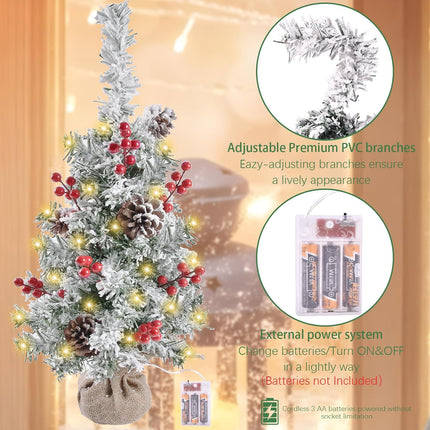 Artificial Mini Christmas Tree with LED Lights, 21 Inch Table Top Christmas Tree with Red Berries and Pine Cones for Holiday Decoration