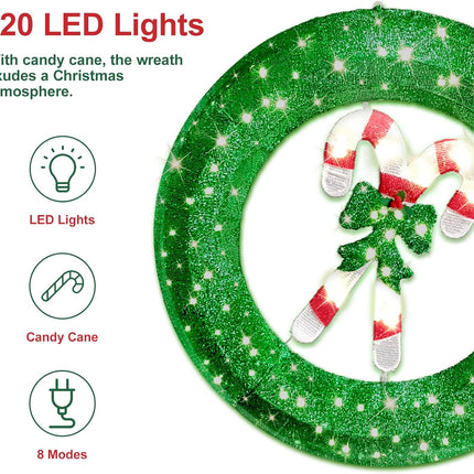 36 inch Outdoor Christmas Wreath with Lights, 8 Modes Lighted Wreath for Front Door, 120 LED Prelit Metal Wreath with Candy Cane, Lit Wreath for Yard Garden Outdoor Christmas Decor, Plug in