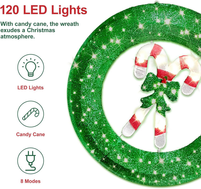 36 inch Outdoor Christmas Wreath with Lights, 8 Modes Lighted Wreath for Front Door, 120 LED Prelit Metal Wreath with Candy Cane, Lit Wreath for Yard Garden Outdoor Christmas Decor, Plug in