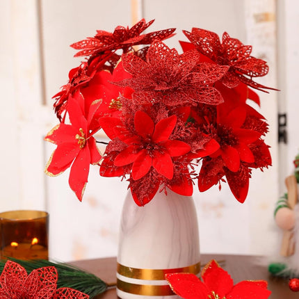 Floweroyal 30pcs Poinsettia Artificial Christmas Flowers Decorations with Clips and Berry Stems Glitter Ornaments for Christmas Tree Wreath Fireplace Stairs Decor (Red-3 Styles)