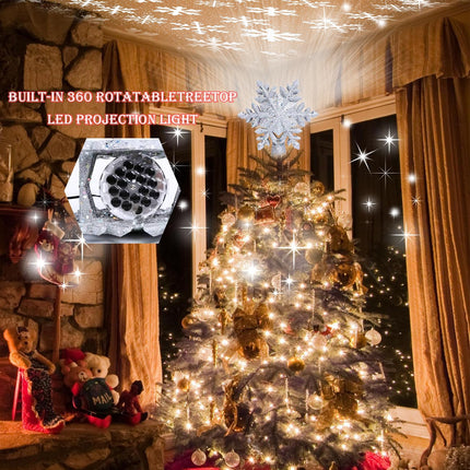 Christmas Tree Topper Lighted, Christmas Star Tree Topper LED Rotating Lights, 3D Silver Snowflake Star Tree Top Glitter Projector for Indoor Xmas Party Holiday Decorations