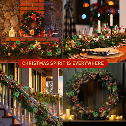 Christmas Garland with Lights, 60 LED 9.8 Ft Garland Pine Cones Red Berry String Light, 8 Modes Battery Operated Lighted with Remote&Timer for Mantle, Entryway, Christmas Home Decorations
