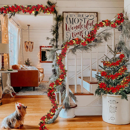 Christmas Poinsettia Garland,6 FT Lighted up Artificial Garlands with Red Flowers,6H/18H Timer Battery Operated Christmas Staircase Garland,Xmas Year Home Decor