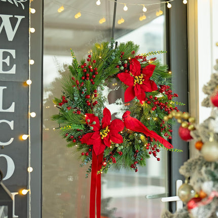 Pre-Lit Christmas Wreaths for Front Door 24 Inch Christmas Wreath with Lights,Large Winter Wreath with Cardinal Birds,Poinsettia,Green Evergreen Pine Needles Red Berries Holiday Wreath Decor