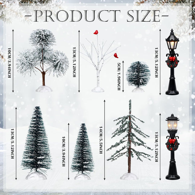 14 Pcs Christmas Accessories Village Figurine Miniature Pine Trees Snow Artificial Christmas Trees Bare Branch Trees Street Lights Lamps for Xmas DIY Crafts Winter Room Landscape (Exquisite Style)