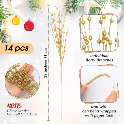 Geosar 14 Pcs Long Artificial Glitter Berry Stem Ornaments 28 Inch Fake Christmas Picks Christmas Tree Decoration Stems Xmas Decorative Bead Sticks Glittery Twig Branches for DIY Wreath Decor (Gold)