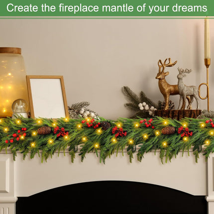 60" Norfolk Pine Garland Faux Red Berries and Pine Cones Garland Pre Lit Artificial Norfolk Pine Garland with Warm White LED Lights for Xmas Holiday Wedding Party Outdoor Decorations