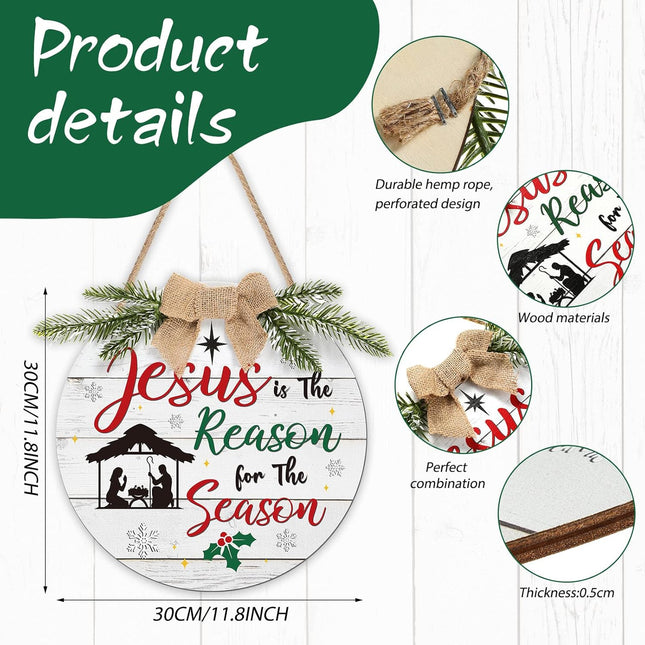 Christmas Decorations Wooden Hanging Sign Jesus is The Reason for The Season Xmas Door Hanging Sign Christmas Nativity Scene Front Door Sign Wreath for Xmas Holiday Front Door Wall Decoration (White)