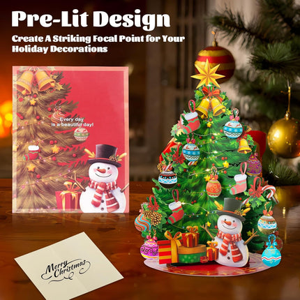 Airpark Pop Up Christmas Tree, Pre-Lit Foldable Paper Xmas Tree with Warm White Lights, Greeting Cards with Blank Note Cards and Envelope, 15 inch 3D Flower Bouquet Cards for Holiday Decorations