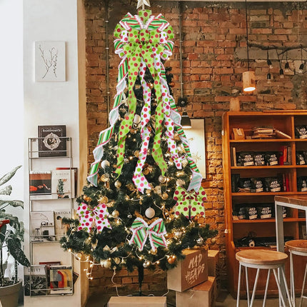 1 Large Christmas Tree Topper Bows and 12Pcs Small Wreath Bows Set Candy Stripe Red Green Dot Bow Xmas Ornaments for Christmas, Holiday Party, Indoor/Outdoor Home Decor, 47"x13"