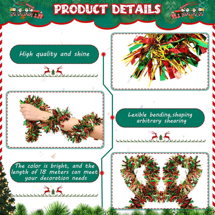 177 Feet Christmas Tinsel Garland Metallic Christmas Tree Garland Shiny Hanging Christmas Tree Tinsel Garland Ornaments for Indoor Outdoor Party Wedding Holiday (Red Green Gold)