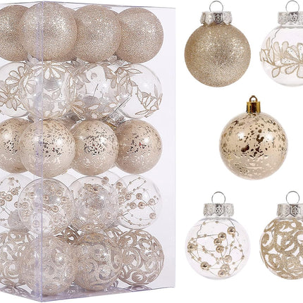 60mm/2.36inch Clear Christmas Ornaments Set, 30ct Champagne Christmas Ornaments Balls for Christmas Tree Decorations Shatterproof Transparent Baubles with Stuffed Decoration for Xmas Wedding Party