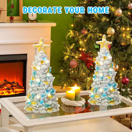 Tioncy 2 Pcs 11.8 Inch Seashell Christmas Tree Resin Seashell Christmas Tree Handmade Crafts with 2 Pcs LED String Light DIY Beach Xmas Decorations s for Table Party Supplies