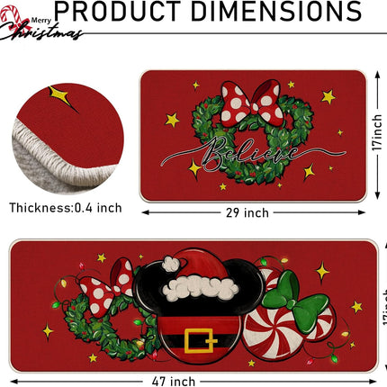 Christmas Believe Santa Mouse Red Kitchen Rugs Set of 2, Xmas Wreath Peppermint Candy Kitchen Mats Decor, Winter Holiday Floor Door Mat Home Decorations -17x29 and 17x47 Inch