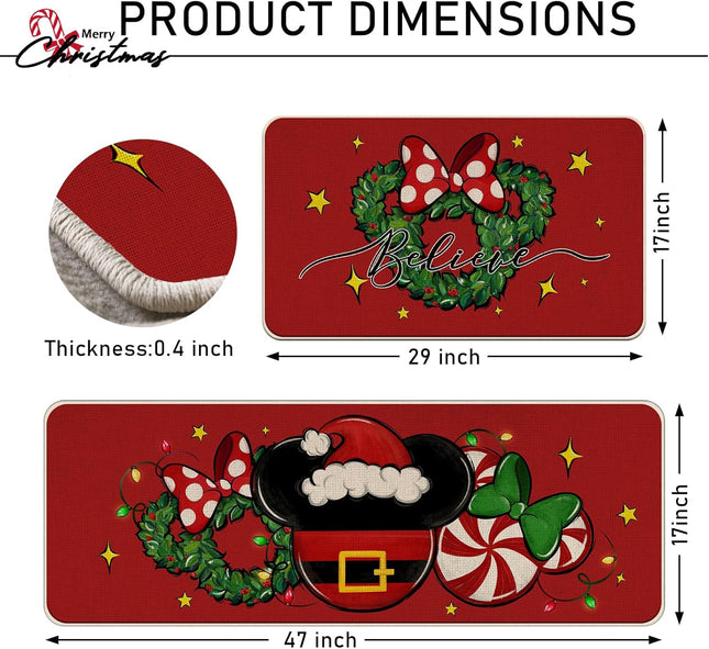 Christmas Believe Santa Mouse Red Kitchen Rugs Set of 2, Xmas Wreath Peppermint Candy Kitchen Mats Decor, Winter Holiday Floor Door Mat Home Decorations -17x29 and 17x47 Inch