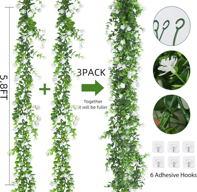 RECUTMS Faux Eucalyptus Garland Plant Fake Vines, Artificial Hanging Eucalyptus Leaves Greenery Vines for Wedding Backdrop Arch Wall Party Home Bedroom Decor Indoor Outdoor(White)