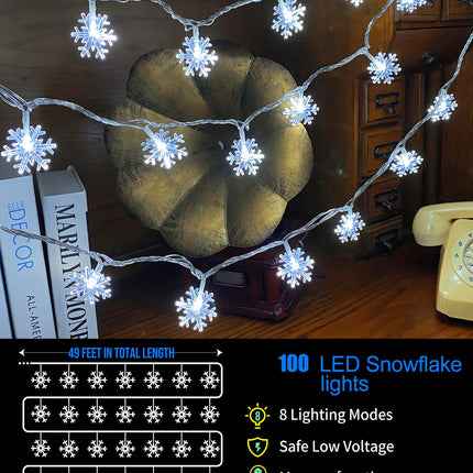 100 LED Snowflake Christmas Lights, 32ft Waterproof String Lights, 8 Modes Plug-in Fairy Lights for Indoor/Outdoor Xmas Decorations, Christmas Tree, Year (White)