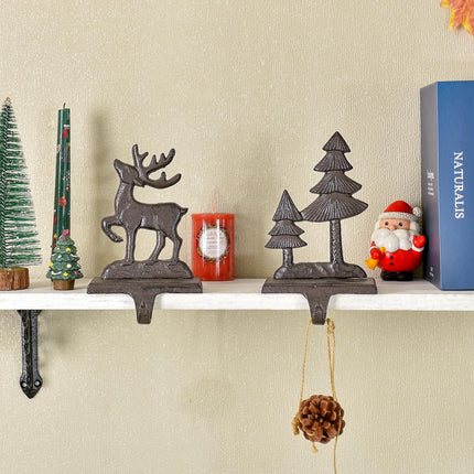 Sungmor Christmas Stocking Holders, 2PC Cast Iron Mantel Hooks Home Decor Holiday s, Heavy-Duty Anti-Slip Fireplace Hangers, Christmas Tree Reindeer Pattern Hooks for Xmas Shelf Topper Decoration