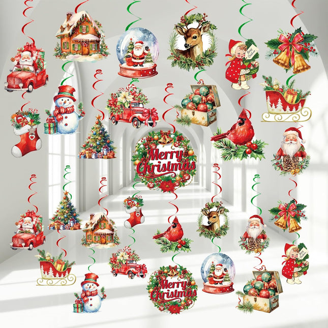 60 PCS Vintage Christmas Hanging Swirls Decorations Christmas Retro Ceiling Hanging Swirls Garland Xmas Party Ceiling Whirl Streamers for Home Winter Holiday Supplies Favors
