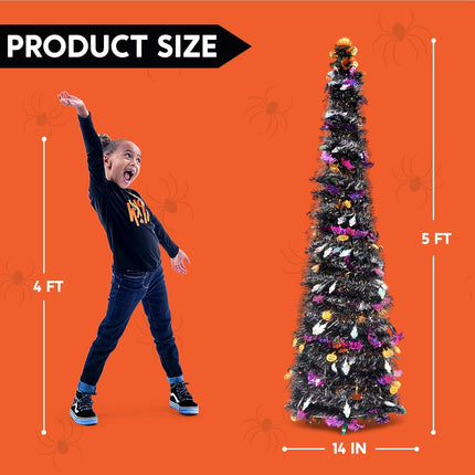 JOIEDOMI 5 FT Halloween Tree Outdoor Halloween Decorations with Timer 8 Modes, Pop Up Pencil Tree Tinsel Christmas Trees Collapsible Tree for Halloween Party Supplies Indoor Outside