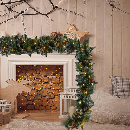 9 Ft Christmas Garland with Lights - Realistic Snow Prelit Christmas Garland with Pine Cones Red Berries Xmas Garland with Timer for Fireplace Railing Door Christmas Decor (Battery NOT Included)