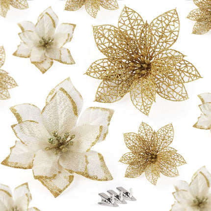 ilauke 24Pcs Gold Poinsettias Artificial Christmas Flowers, 6" Glitter Artificial Christmas Flowers with 30 Clips, for Xmas Tree Decorations Wedding Party Fireplace Stairs Decor