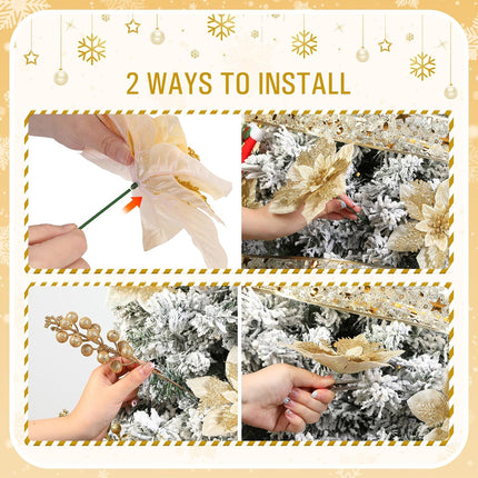 24 Pcs Christmas Tree Decorations Picks, Boxed 12Pcs Poinsettias Artificial Christmas Flowers with Clips and Stems+12pcs Holly Berry Stems for Xmas Tree Decor or Party Wreath Fireplace Stairs, Gold
